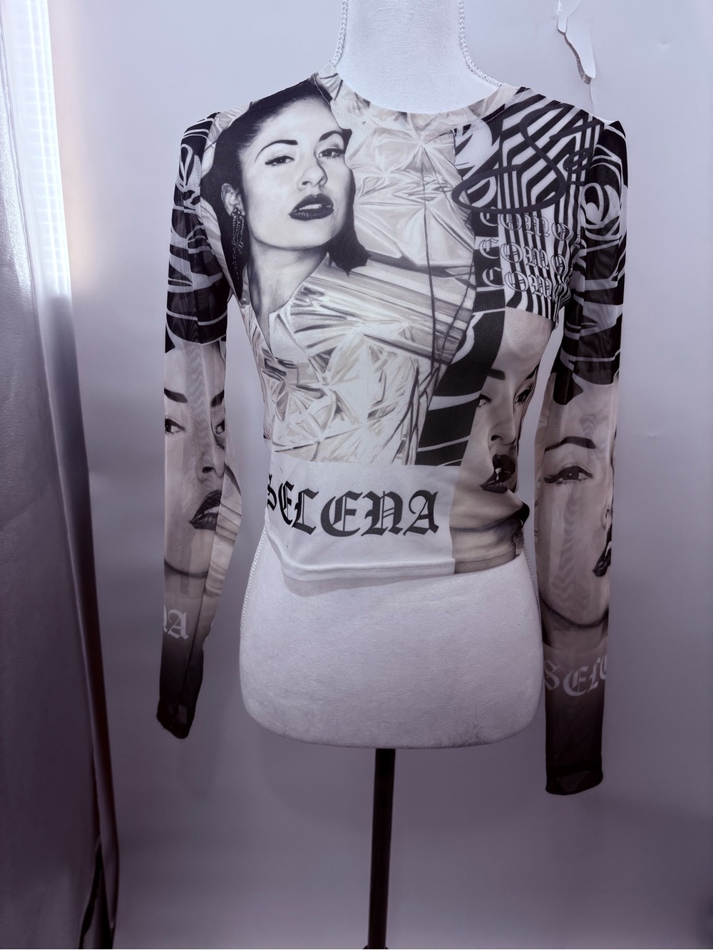 Selena Quintanilla Como La Flor Collage Mesh Long Sleeve Crop Top Size S